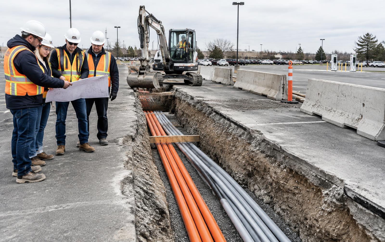 Commercial EV charging site trench with organized underground conduit and a crew reviewing plans